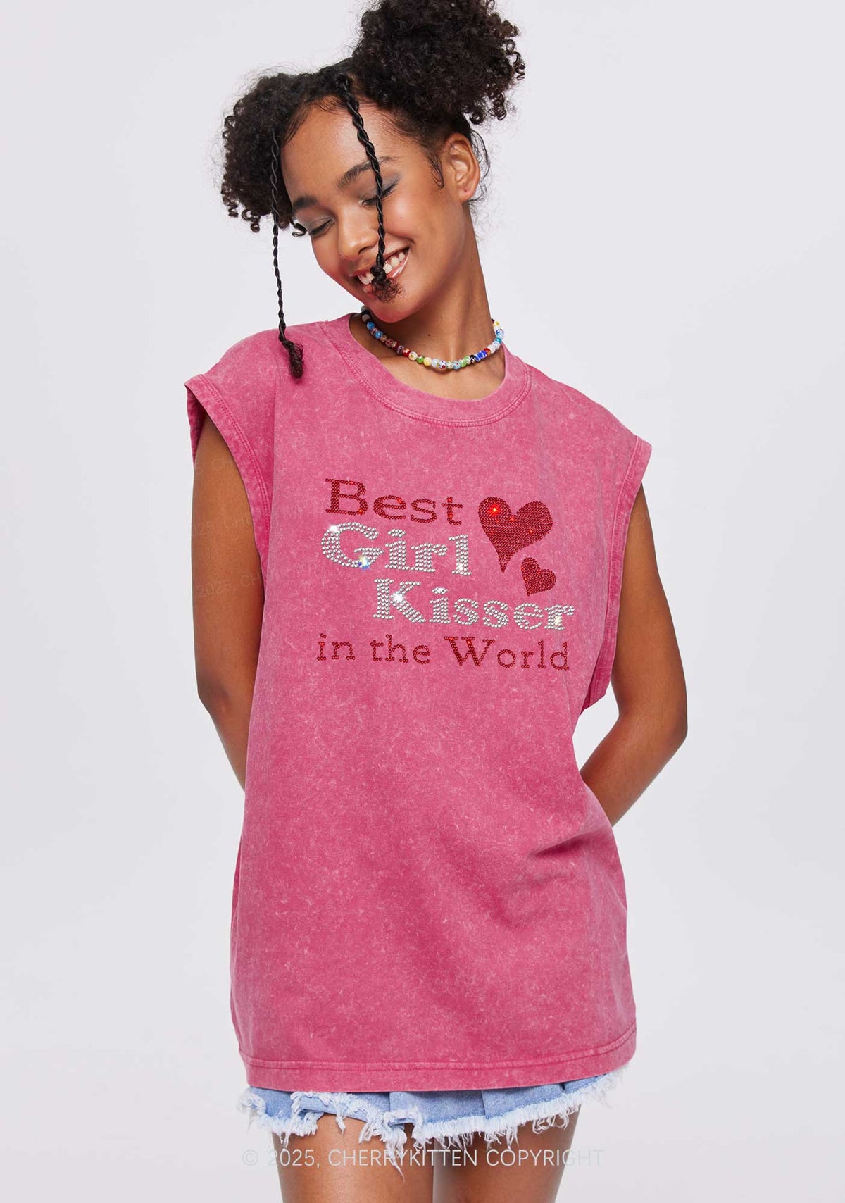 Rhinestone Best Girl Kisser Pride Y2K Washed Muscle Tank Cherrykitten