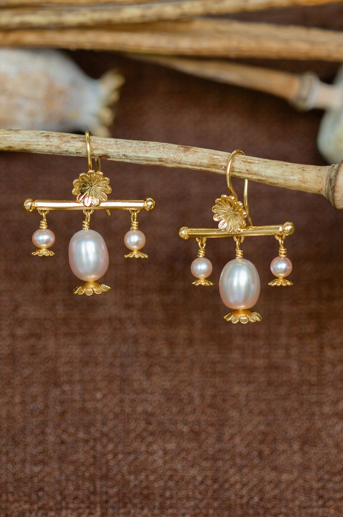 Poppy Head Chandelier Pink Pearl Drop Earrings Gold Plate