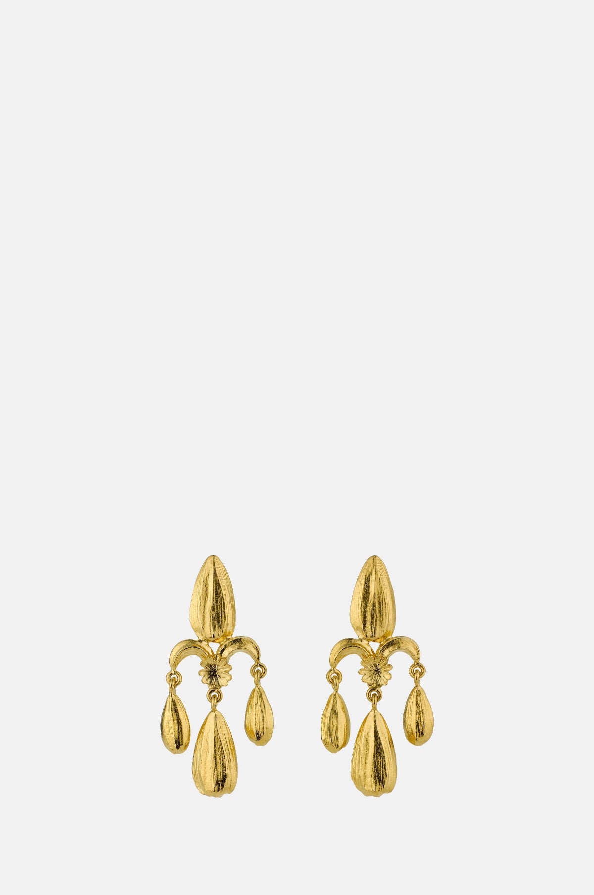 Sunflower Seed Fleur de Lis Chandelier Earrings Gold Plate