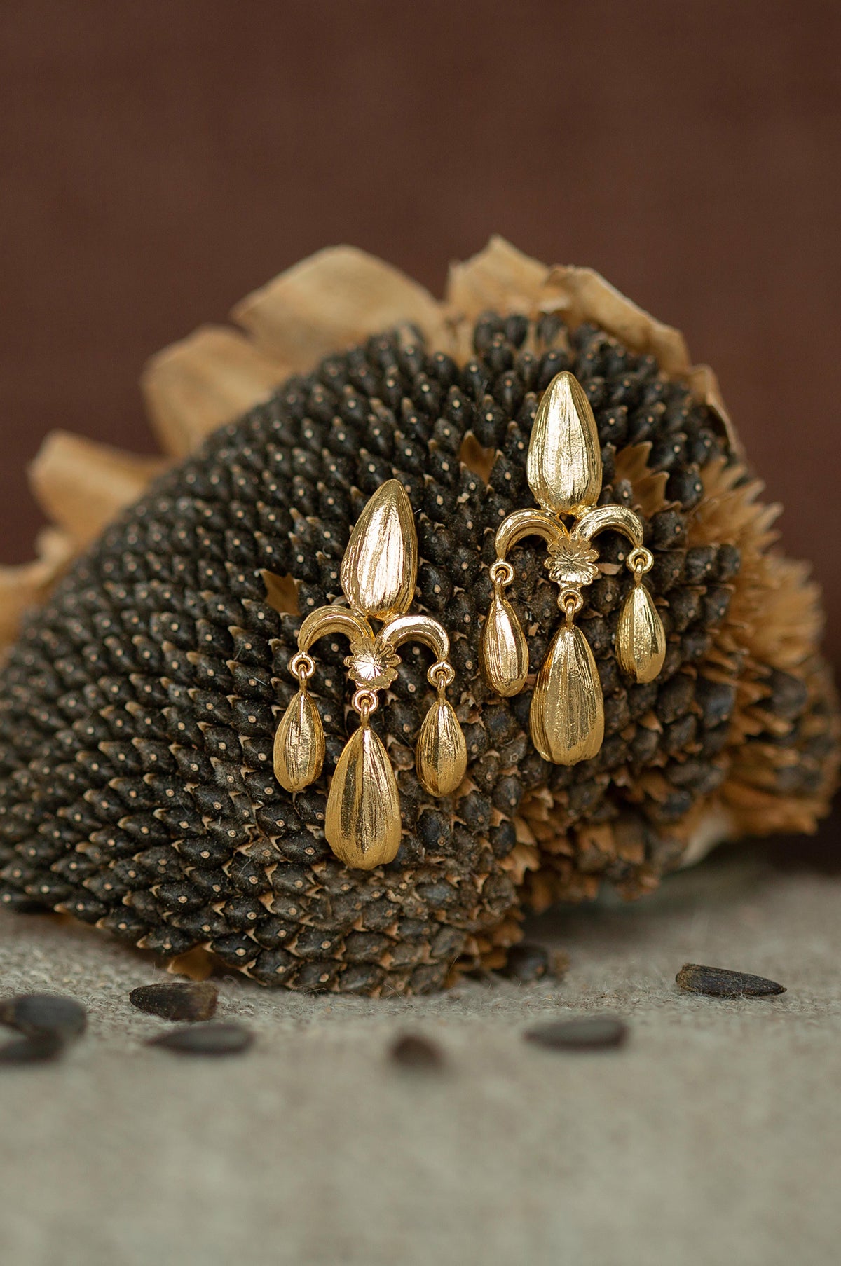 Sunflower Seed Fleur de Lis Chandelier Earrings Gold Plate