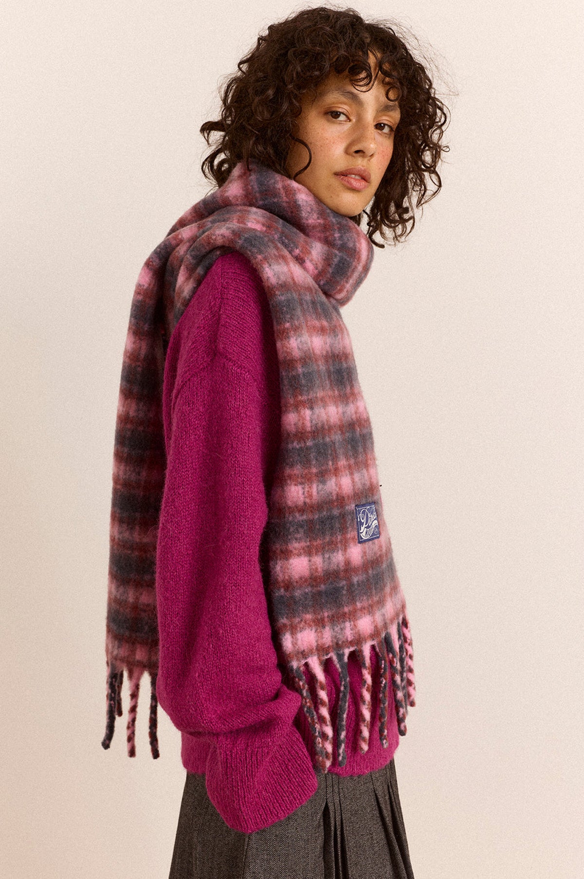 Brushed Fluffy Scarf Magenta Check