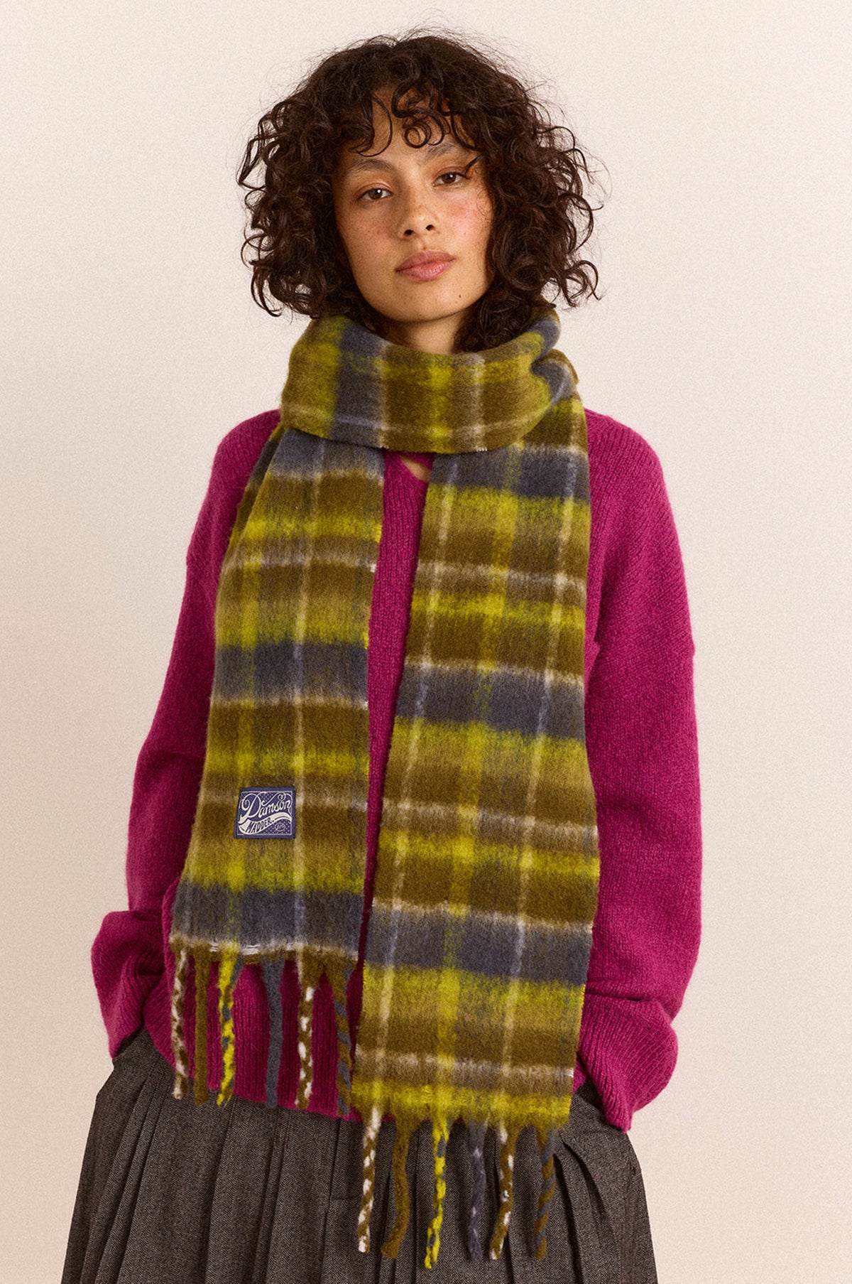 Brushed Fluffy Slim Scarf Lark Green Check
