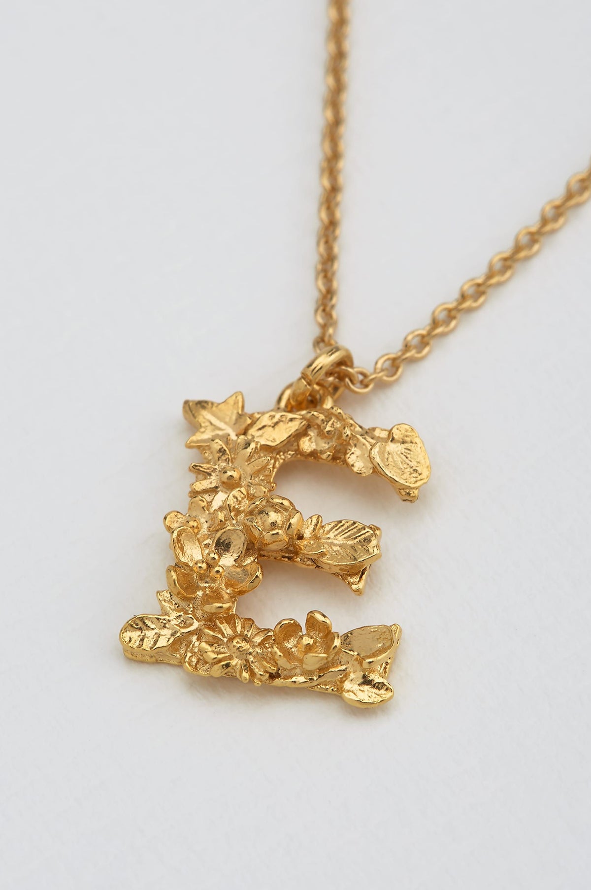 Floral Letter E Necklace Gold Plate