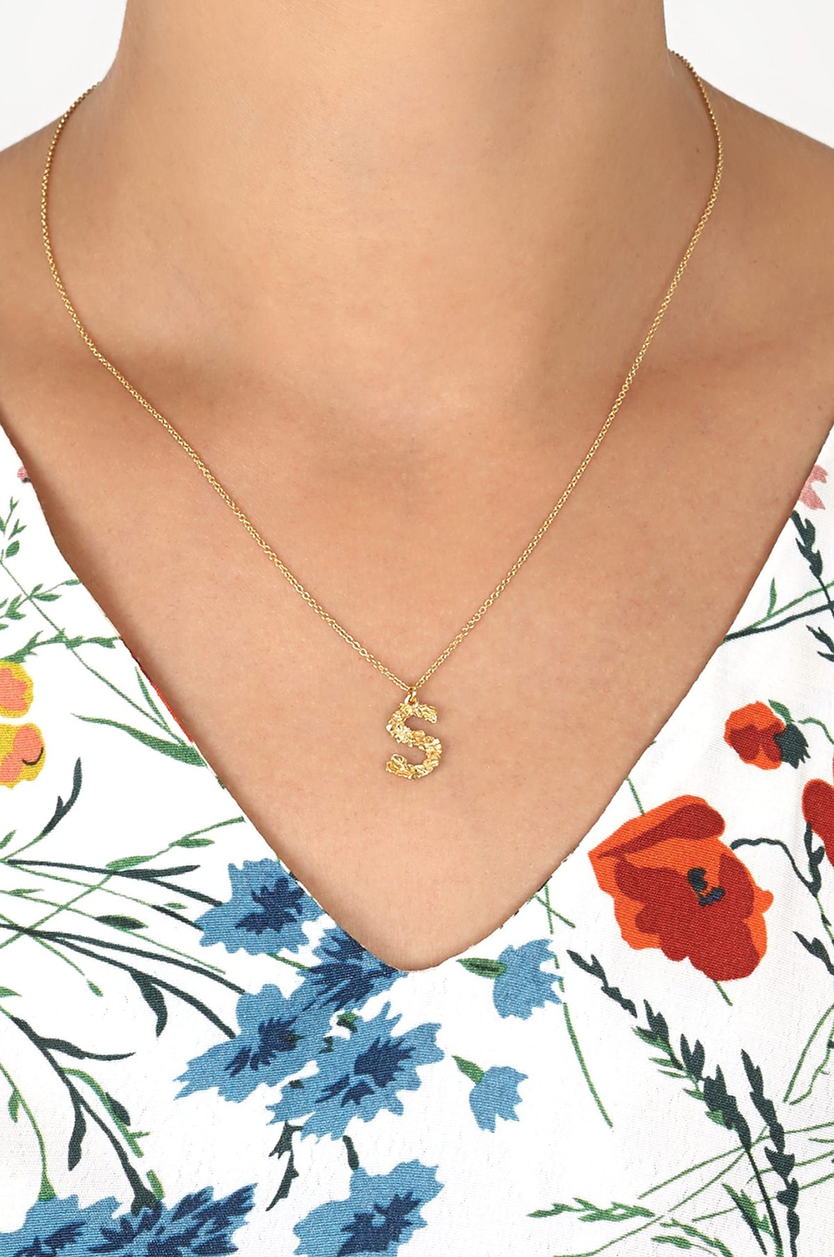 Floral Letter S Necklace Gold Plate